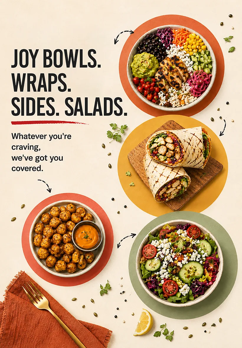 Joy bowls, wraps, sides and salads &mdash; whatever you&rsquo;re craving, we&rsquo;ve got you covered.
