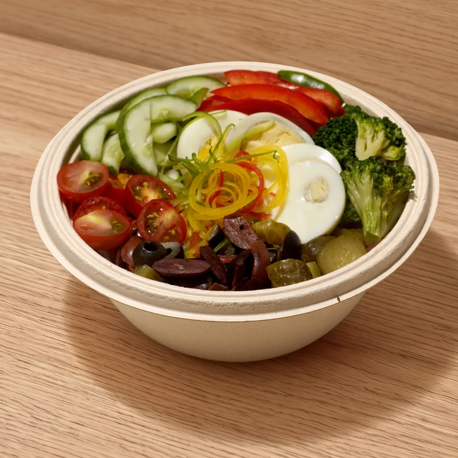A FOJO Cobb salad with egg, cucumber, cherry tomatoes and broccoli