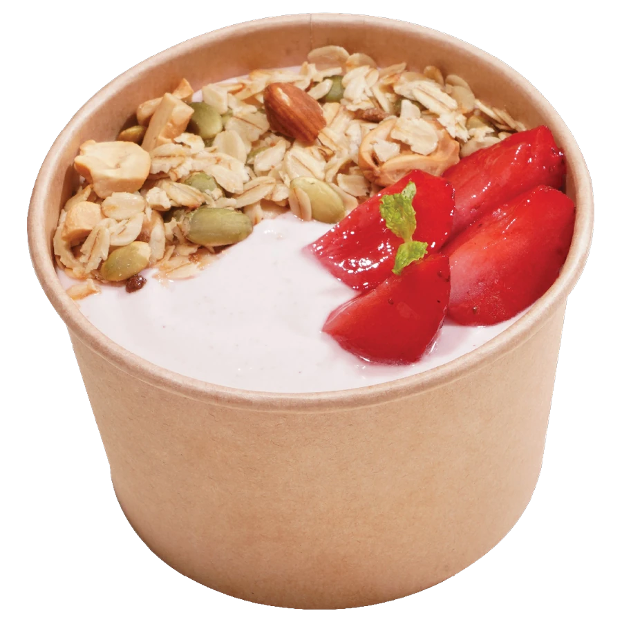 A FOJO yogurt bowl topped with granola and strawberries