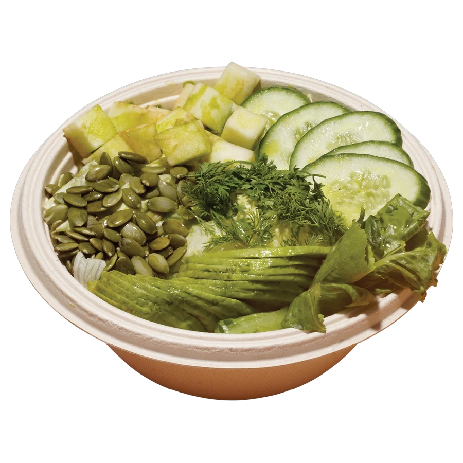 A FOJO salad bowl with greens, cucumber and pumpkin seeds